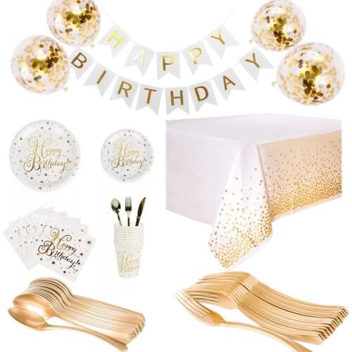 Gold Party Disposable Tableware Set Party Paper Cups Plates Straws Banner Latex Balloons Birthday Party Decoration Kids Supplies