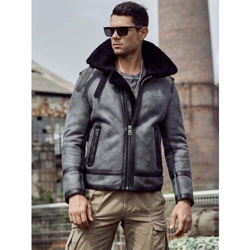 New Mens B3 Shearling Jacket Grey Leather Jacket Mens Winter Coats Natural Sheepskin Coat Motorcycle Fur Coat