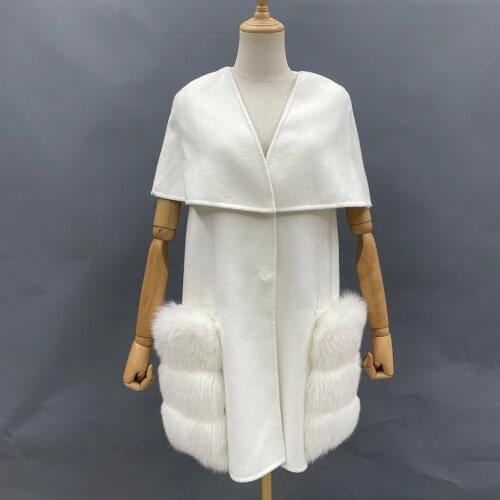 New Arrival Women Wool Coat With Big Fur Pockets Female Coat Winter Real Fox Fur White Elegant Cashmere Wool Coat