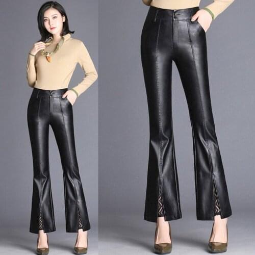 Fall Winter Fashion Women Slim High Waisted Lace Patchwork Placket Pu Leather Pants , Autumn Female Woman Slim Flare Trousers
