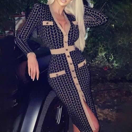 Autumn Houndstooth Print Long Party Dress Elegant V-neck Slit Dress Office Lady Sexy Long Sleeve Dress For Women 2021 Vestidos