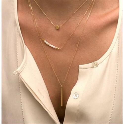 Necklace New Minimalist Chain Pearl Metal Strip Sequin Charm Layered Bohemian Long Plated Birthday Gift Dating Accessories