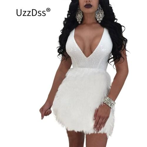 UZZDSS Synthetic Wool Patchwork Sequin Dress Sleeveless Deep V Neck Backless Bodycon Black White Sexy Club Short Party Dresses