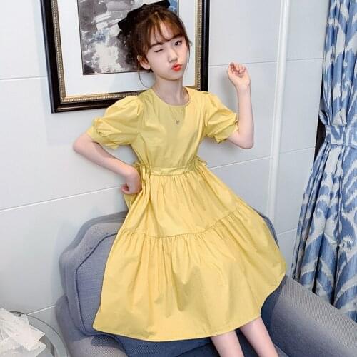 Girls Puff Sleeve Dress Summer Girls 2021 New Childrens Summer Dress Yellow Princess Dress