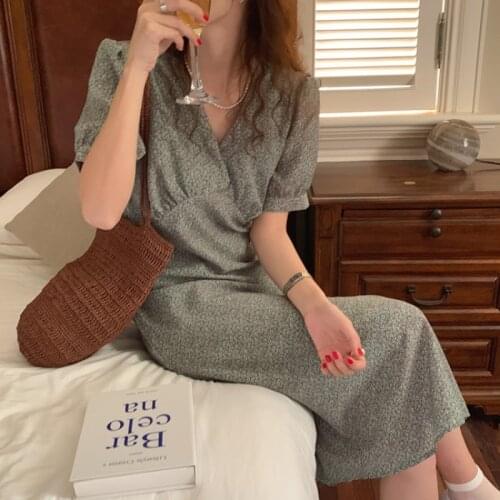 2021 New Women Summer Elegant V Neck Long Floral Dress Slim Waist Loose A-line Pullover Maxi Sundress French Style