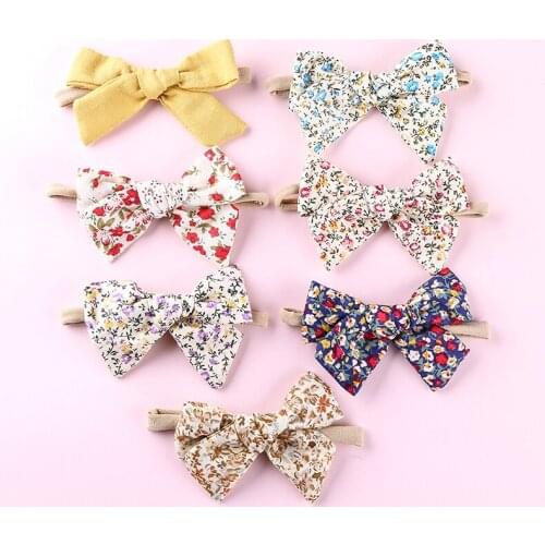 7Colors Fabric Cotton Bows Nylon Headbands,Newborn Baby Girls Floral Prints Linen Knotbow Nylon Hairband,Infants Baby Head Wear
