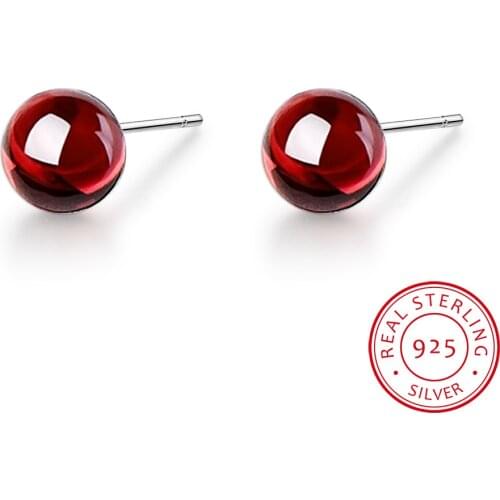 Wholesale 925 sterling silver Earrings For Women Jewelry Red garnet Earring 6mm ball Bead Stud Earrings Brinco Gift