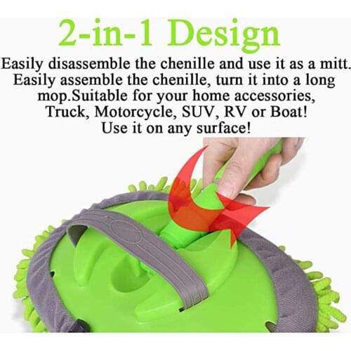 2 In 1 Chenille Microfiber Car Wash Mop Mitt With 44.5" Aluminum Alloy Long Handle,Brush Duster Not Hurt Paint Scratch Free Clea