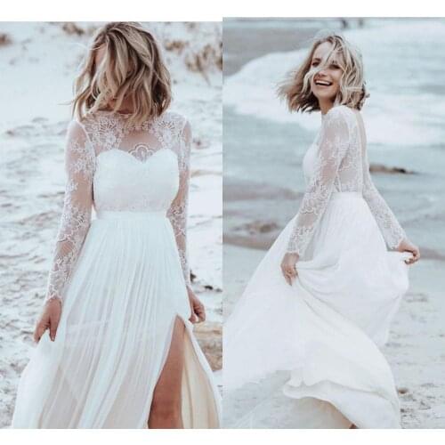 Wedding Dresses Beach Simple Long Sleeve Side Slit Floor Length Split Court Train Backless Bridal gowns 2021 Charming Chiffon
