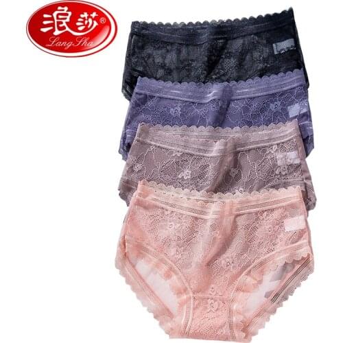 LANGSHA 4Pcs/set Sexy Lace Panties Women Seamless Girls Underwear Low-Rise Briefs Breathable Cotton Crotch Transparent Lingerie