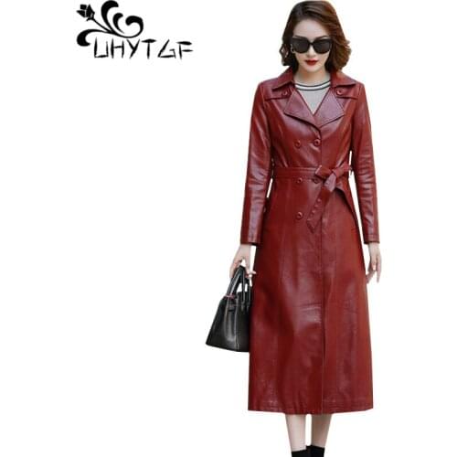 UHYTGF Female leather jacket quality sheepskin spring autumn leather jacket Double-breasted elegant long coats 5XL plus size 413