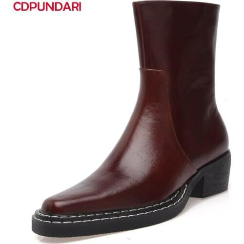 Ladies Med Heels Genuine Leather Ankle Boots For Women Autumn Winter Chelsea Short Boots Shoes Botines Mujer Bottine Femme