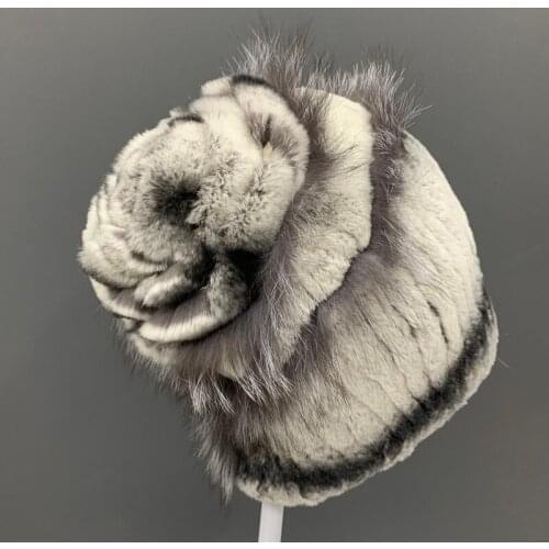 Floral Fur Hats for Women stylish winter warm natural rex rabbit fur beanies with fox fur diamond decoration knitted skullies