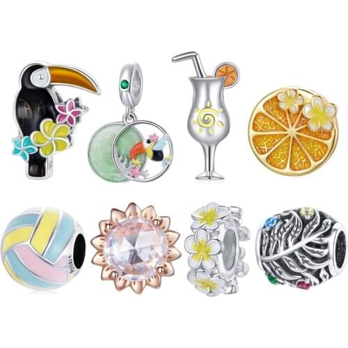 Bisaer 100% 925 Sterling Silver Summer Lemon Flowers Iced Drink Toucan Charm Beads fit Women Bracelet DIY Beads Jewelry