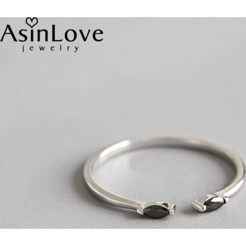 AsinLove Real 925 Sterling Silver Simple Black Zircon Mini Ring Creative Handmade Design Fine Jewelry Open Rings for Women Gift