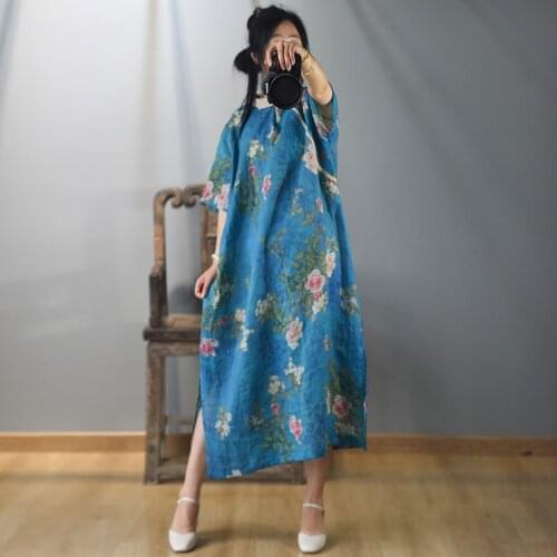 Women Loose Printed Ramie Dress Ladies Vintage Chinese Style Dress Female 2020 Summer Qipao Dresses