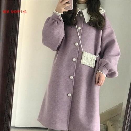 Vintage Warm Wool Coats Women Purple Winter Kawaii Japanese Jackets Lantern Sleeve Sweet Harajuku Overcoat Streetwear Mujer 2020