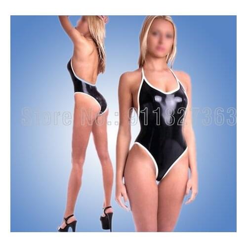100% Handmade Latex Sexy Girl Swimwear Suits Rubber Jumpsuit Black with white Trim Catsuit Customized