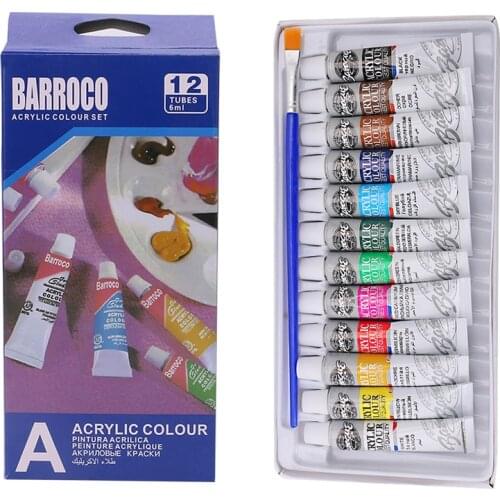6 ML 12 Color Professional Acrylic Paint Watercolor Set Hand Wall Painting Brush R9JB