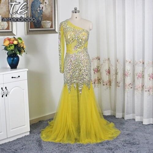 One Shoulder Long Sleeves Bling Bling Rhinestones Crystals Beading Prom Dress See Through Mermaid Yellow Shiny Evening Gowns