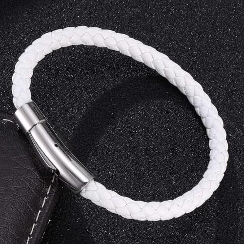 White Leather Bracelet Men Women Jewelry Simple Style Braided Leather Bracelets Stainless Steel Exquisite Snaps Male Wrist Band