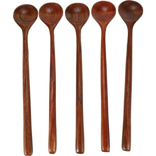 Long Spoons Wooden, 5 Pieces Korean Style 10.9 inches 100% Natural Wood Long Handle Round Spoons for Soup Cooking Mixing Stirrer
