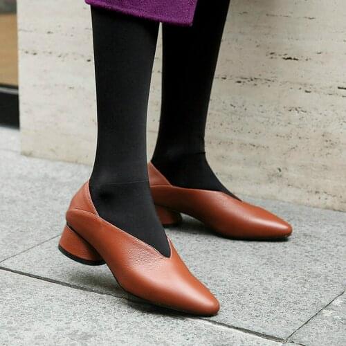 EshtonShero Womens Shoes Woman Pumps Cow Leather+PU Med Heels Summer Pointed Toe Solid Classic Ladies Wedding Shoes Size 2-9