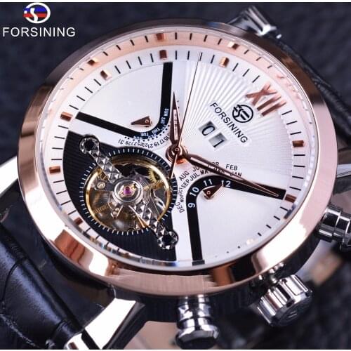 Forsining Classic Tourbillion Design Calendar Genuine Leather Strap Mens Watches Top Brand Luxury Mechanical Automatic Watches
