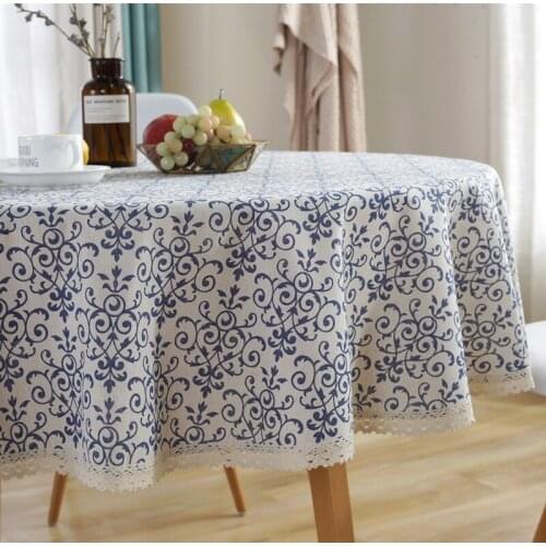 Retro style Round Tablecloth Blue Celadon Flower Pattern Stitching White Tassels Dining Table Cloth Home GardenTea table cloth