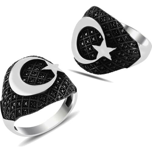 Solid 925 Sterling Silver Black Zircon Stone Moon Crescent Star Mens Ring