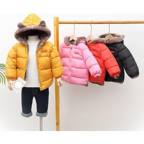 New Children Lamb Cashmere Double-sided Wear Bear Ears Hooded Jacket 2021 Autumn Winter Boys Girls Cotton-padded Solid Warm Coat