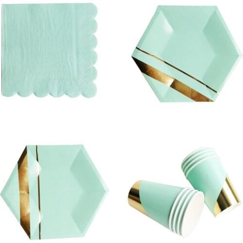 8Pcs/Bag Mint Green Gold Striped Disposable Tableware Party Decorative Paper Cup Plate Napkins Festival Paper Napkins Tableware