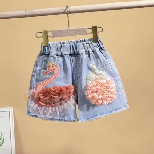 3-11Y Kids Baby Shorts Girl Denim Shorts Summer New Embroidery Flowers flamingos Grls Outer Pants Teenager Shorts Girl Clothes