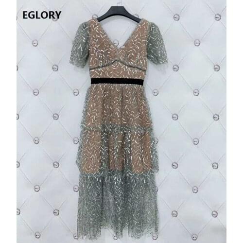 Sequined Dress 2020 Summer Lux Party Club Women Sexy V-Neck Sequined Leaves Patterns Short Sleeve Slim Fitted A-Line Dress Event