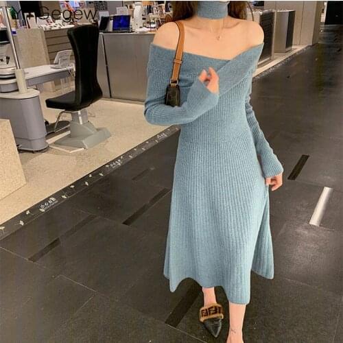Fashion slim a-line Sweater dress Women winter autumn slash neck thick dress 2021 French sweater dress long sleeve
