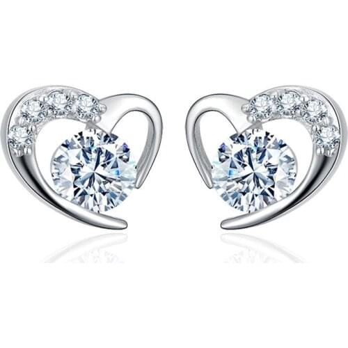 Silver Plated Fashion Romantic Love Heart Shining Crystal Stud Earrings Bridal Wedding Earrings Ladies Jewelry Birthday Gift