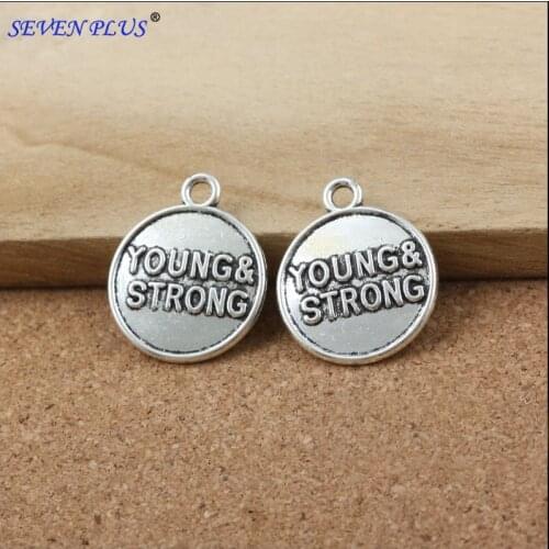 High Quality 10 Pieces/Lot 24mm*20mm Antique Silver Plated Young And Strong Round Disc Inspiration Charms For Jewelry Making
