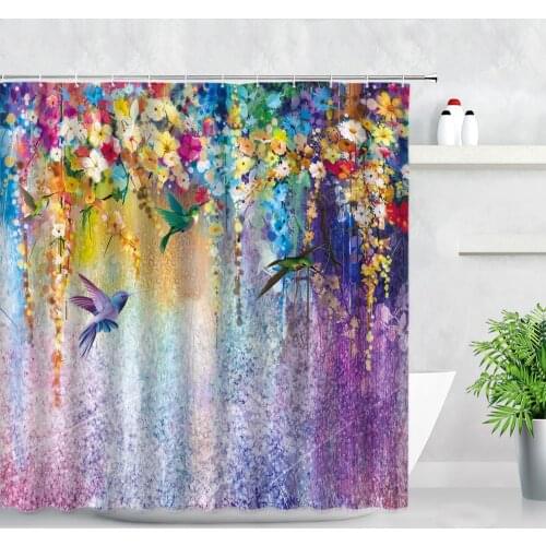 Purple Water Color Floral Shower Curtains Yellow Flowers Bird Pattern Modern Home Decor Hooks Screen Fabric Bathroom Curtain Set