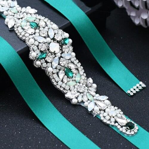 TRiXY S452 Bridal Rhinestone Belt Ladies Dress Belt Crystal Beaded Belts Wholesale Bridal Belts Wedding Green Stones Bridal Belt