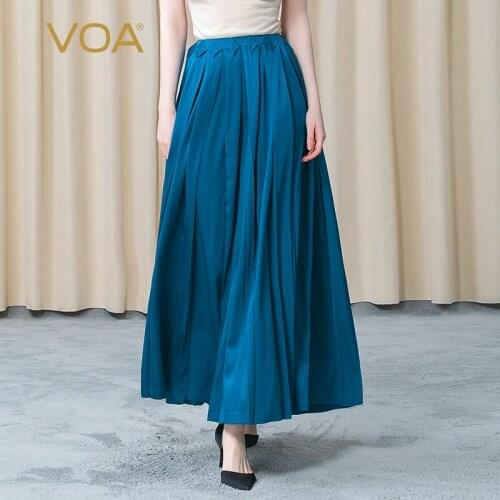 VOA Silk Lake Blue Elastic Twill Sambo Satin Natural Waist Zipper Three-dimensional Strip Pleated Ladies Skirt CE68 Woman Skirts