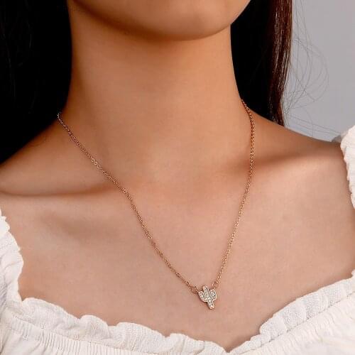 Fashion Crystal Cactus Charm Pendant Choker Necklace for Women Simple Gold Silver Color Clavicle Chain Necklace Collar Jewelry