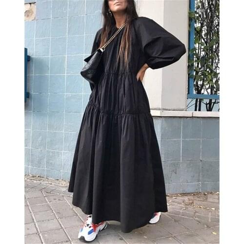 Women Plus Size Dress Casual Loose O Neck Long Sleeve Autumn Linen Dresses Beach Solid Black Long Maxi Dress Vestidos Robe