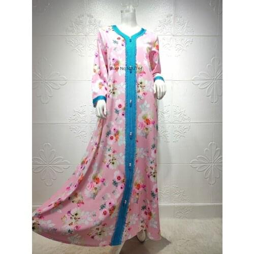 Eid Ramadan Ethnic Print Maxi Dress For Women 2021 Loose Muslim Jalabiya Full Sleeve Arabic Oman Dubai Abaya Islamic Clothing