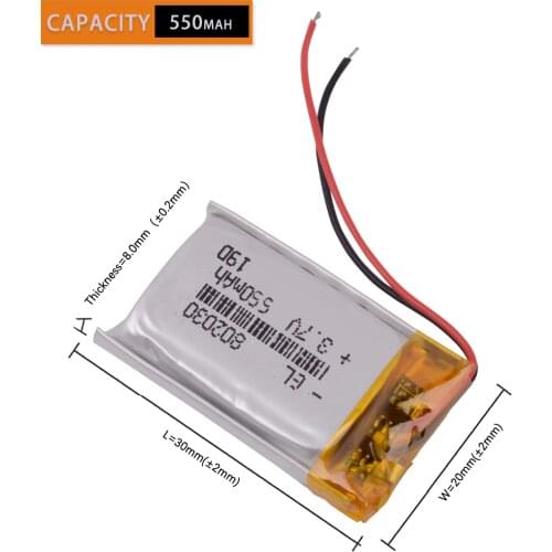 802030 550mAh 3.7V lithium polymer battery MP3 MP4 MP5 Li ion massager batteries replacement in neoline evo z1 auto-register