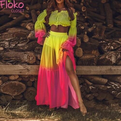 Flokocloset Sexy Tie Dye Print Maxi Skirts Womens 2021 Two Piece Set Women Holiday Contrast Crop Tops and Dress