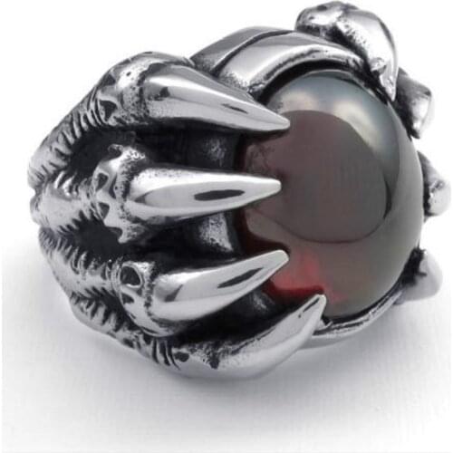 21mm Hot Sell Cool Rock Eagle Claw Red Stone Stainless Steel Rings Charm Punk Men Ring Handsome Jewelry 073609