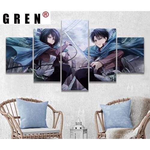 GREN Canvas Paintings 5panels Anime Charater Attack Ackerman and Mikasa Wall Art Posters HD Print Pictures Home Decor No Framed