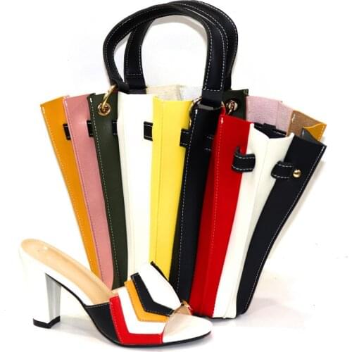 Beautiful White High Heel 9CM African Women Shoes Match Mixed Colors Big Leather Handbag Set CR536