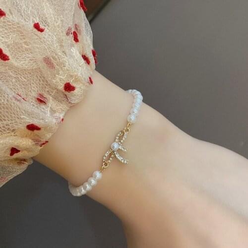 Cubic Zirconia Bow Shiny Friendship Bracelets Imitaion Pearls Beautiful Charm Bracelet