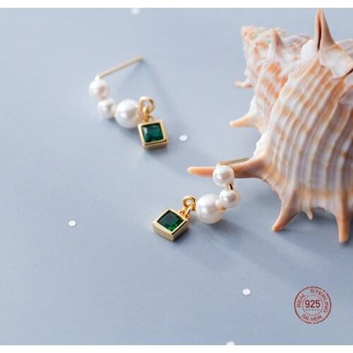 LKO New 925 Sterling Silver Pearl With Green Zircon Pendants Stud Earrings For Women Romantic Wedding Party Fine Jewelry